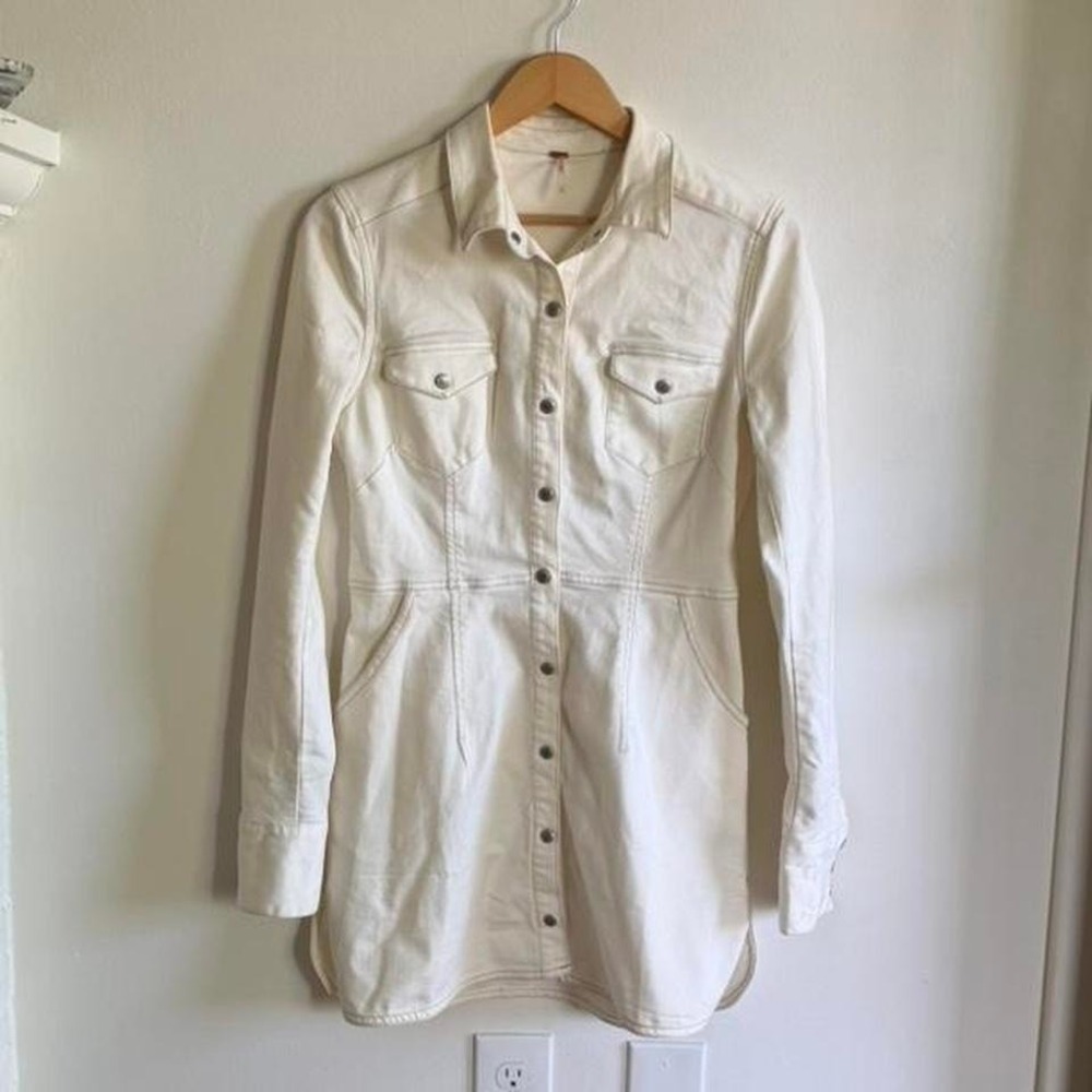 Free People Cream Denim Shirt Dress / Utility Button Down‎ Mini / Small